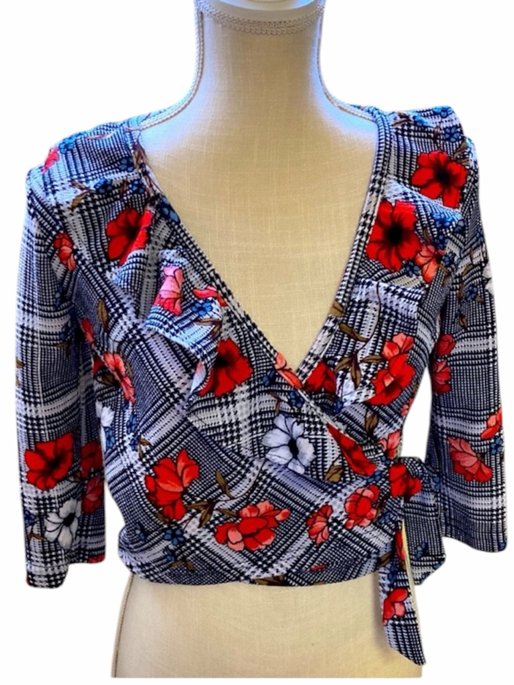 Hot Kiss Black Plaid With Red Floral Wrap Crop 3/4 Sleeve Top